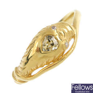 A late Victorian gold, diamond snake ring.