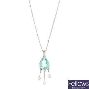 A greenish-blue tourmaline and diamond pendant, with chain.