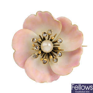 An early 20th century pearl, diamond and enamel floral brooch.