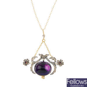 A gold amethyst, ruby and diamond pendant, with chain.