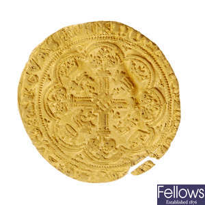 Edward III (1327-1377), Fourth coinage, Pre-Treaty Period (1351-1361), gold Half-Noble, i.m. Cross 3(4) (S.1494).