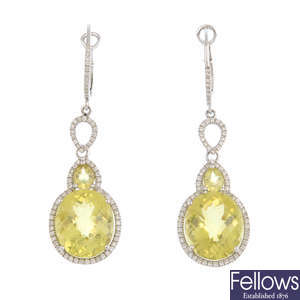 A pair of prasiolite and diamond earrings.