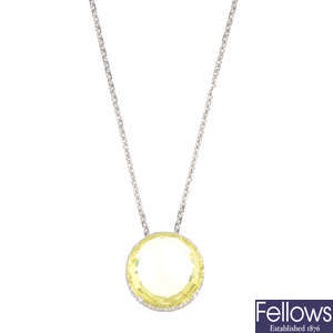 An 18ct gold prasiolite and diamond pendant, with 9ct gold chain.