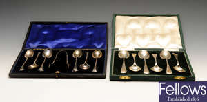 A cased set of six late Victorian silver teaspoons and sugar tongs, etc.