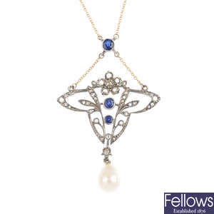 A diamond, sapphire and cultured pearl pendant, on chain.