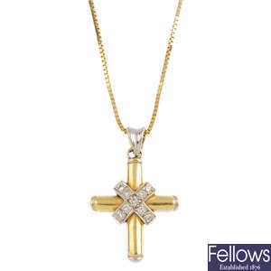 A diamond cross pendant and 9ct gold chain.