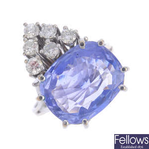 A Ceylon sapphire and diamond ring.