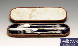 A cased mid-Victorian silver christening set of knife, fork & spoon.