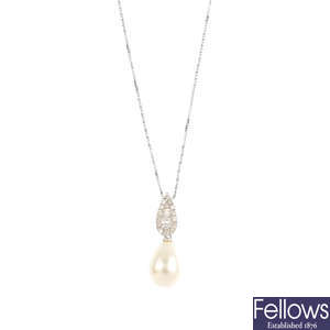 A cultured pearl and diamond pendant, with chain.