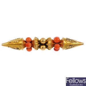A mid-Victorian gold coral brooch.