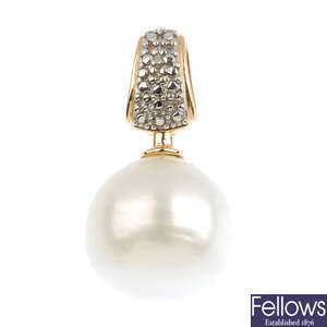 A cultured pearl and diamond ring and pendant.