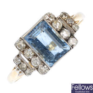 A mid 20th century aquamarine and diamond dress ring.