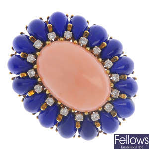 A natural coral, diamond and lapis lazuli dress ring.