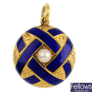 A late Victorian gold enamel and split pearl pendant.