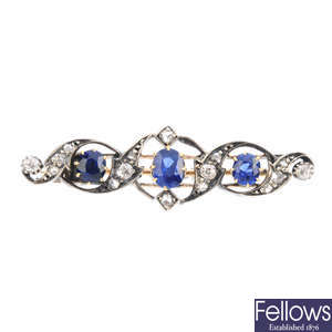 An early 20th century diamond and sapphire brooch.