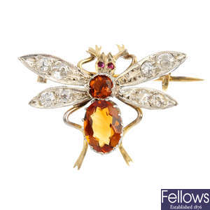 A late Victorian citrine and diamond bee brooch.