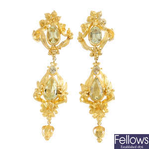 A pair of late Victorian gold chrysoberyl earrings.