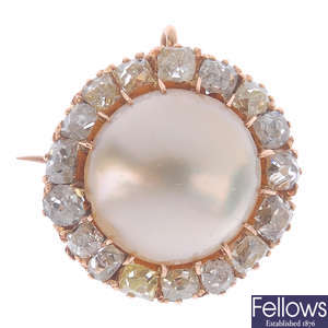 A diamond and natural split pearl brooch.