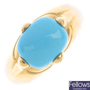 A reconstituted turquoise ring
