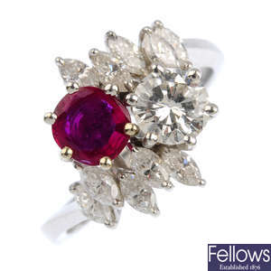 A ruby and diamond crossover ring.