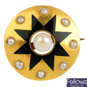 A late Victorian gold, cultured pearl and enamel brooch, circa 1870.