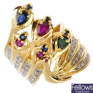 An 18ct gold gem-set and diamond peacock dress ring.