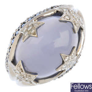 An 18ct gold chrysoberyl, sapphire and diamond dress ring.