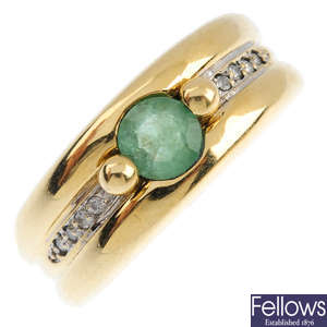 A 9ct gold emerald and diamond ring.
