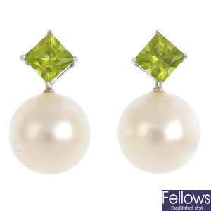 A cultured pearl, peridot and diamond pendant and earring set.