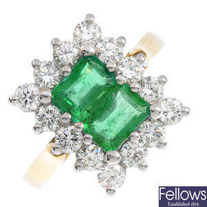 An 18ct gold emerald and diamond dress ring. 