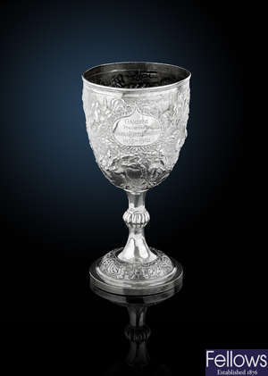 A turn of the century Chinese Export silver presentation goblet by Wang Hing & Co.