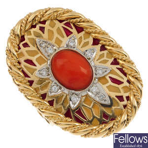 An 18ct gold coral diamond and enamel ring.