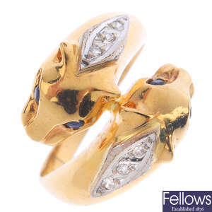An 18ct gold diamond and sapphire panther ring.
