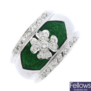 An 18ct gold diamond and enamel four-leaf clover ring.