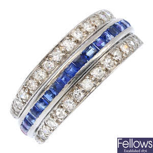 A mid 20th century sapphire, diamond and ruby hinged eternity ring.