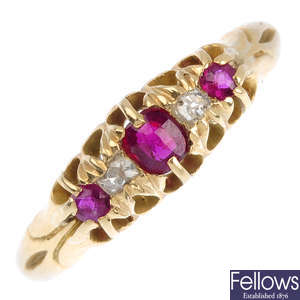 A mid 20th century 18ct gold ruby and diamond ring.