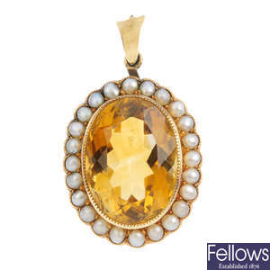 A late Victorian 15ct gold citrine and split pearl pendant.