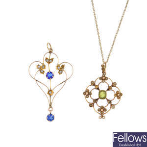 Two early 20th century gem-set pendants, one with chain.