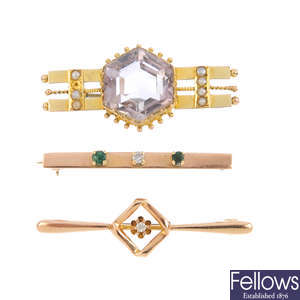 A late 19th century gem-set brooch and two mid 20th century gem-set brooches,