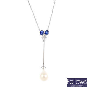 A diamond, sapphire and cultured pearl pendant, on chain.