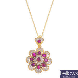 A ruby and diamond floral pendant, with 9ct gold chain.