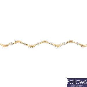 A 9ct gold diamond bracelet and two pairs of 9ct gold diamond and gem-set earrings.