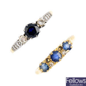 An Edwardian sapphire and diamond ring and a mid 20th century 18ct gold diamond and sapphire ring.