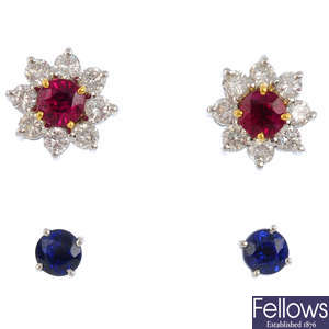 A set of diamond and gem-set earrings.