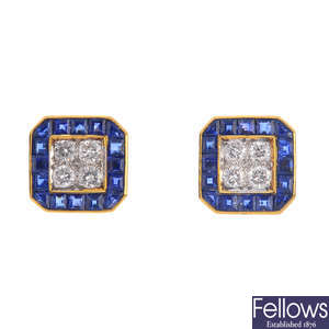 A pair of 18ct gold diamond and sapphire cluster earrings.