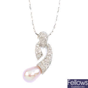 A cultured pearl and diamond pendant, with chain.
