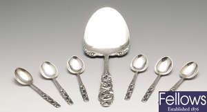 Norwegian silver cake slice and spoons, together with a cigarette case, napkin ring, sugar tongs, etc.