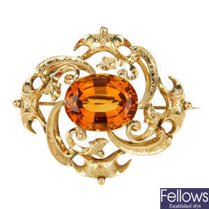 A late Victorian 9ct gold citrine brooch.