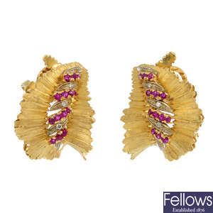 A pair of 1960s 18ct gold ruby and diamond earrings, by Cropp & Farr