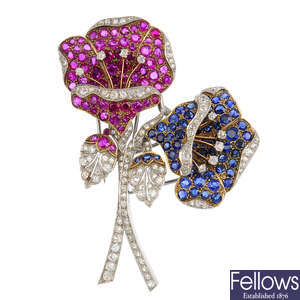 A mid 20th century diamond ruby and sapphire floral brooch.